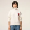 Natural Wool Funnel Neck Sweater with Contrasted Ami De Coeur Natural Wool Funnel Neck Sweater with Contrasted Ami De Coeur