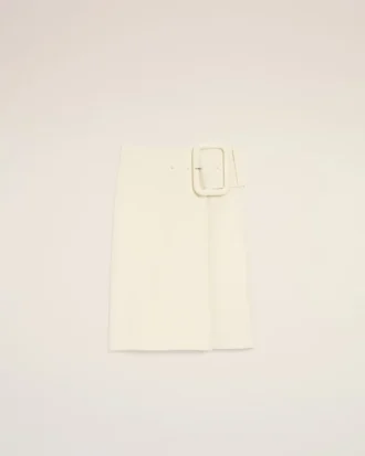 White New Wool Big Buckle Belted Midi Skirt
