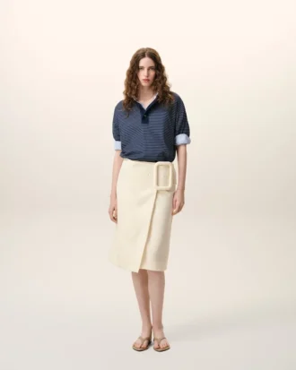 White New Wool Big Buckle Belted Midi Skirt