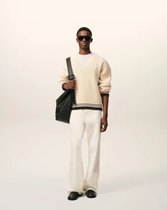 White Ribbed Wool V Neck Ami De Coeur Sweater